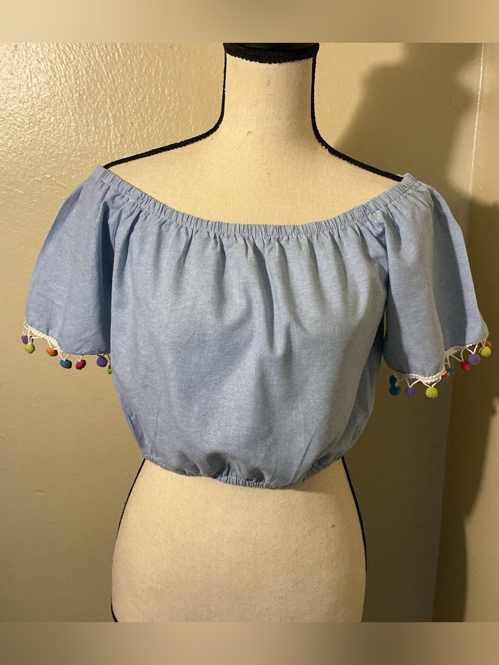 IRIS Light Blue Off-Shoulder Pom Pom Crop Top